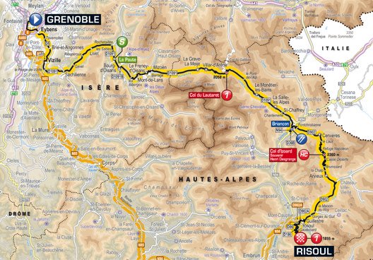 carte parcours etape grenoble - risoul tour de france 2014